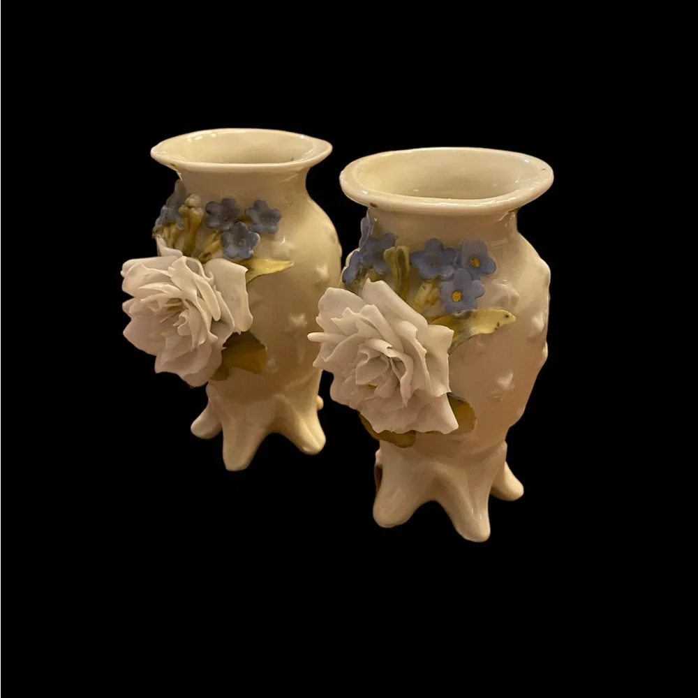 Vintage Capodimonte Style Porcelain Bud Vases Pair - 3D White Rose